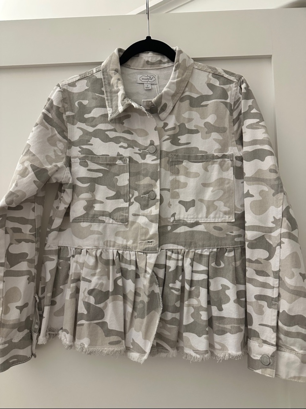 Mud Pie Beige & Cream Camo Peplum Denim Jacket